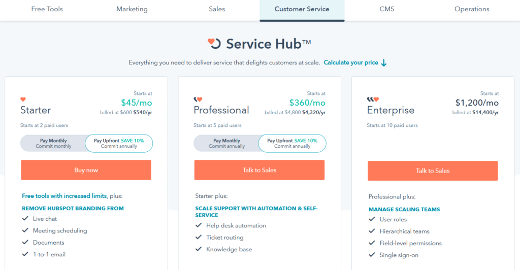 HubSpot Customer Service Pricing